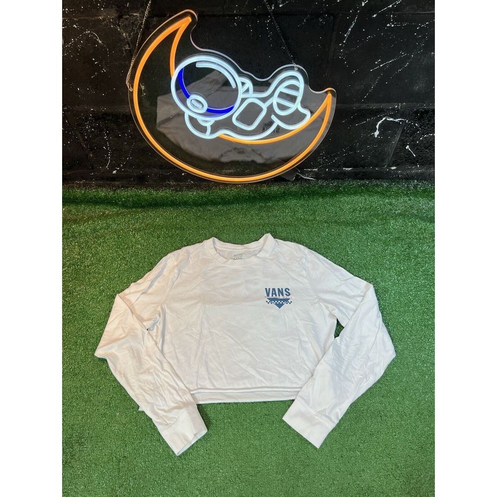 Vans Sound Checker White Long Sleeve Crop Top Shirt‎ Womens Size M Off The Wall